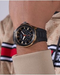 GUESS - Multifunction Gold-Tone 46mm Black Dial and Silicone Strap Men's Watch