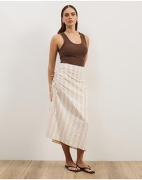 Atmos&Here - Sally Striped Cotton Ruched Side Tie Midi Skirt