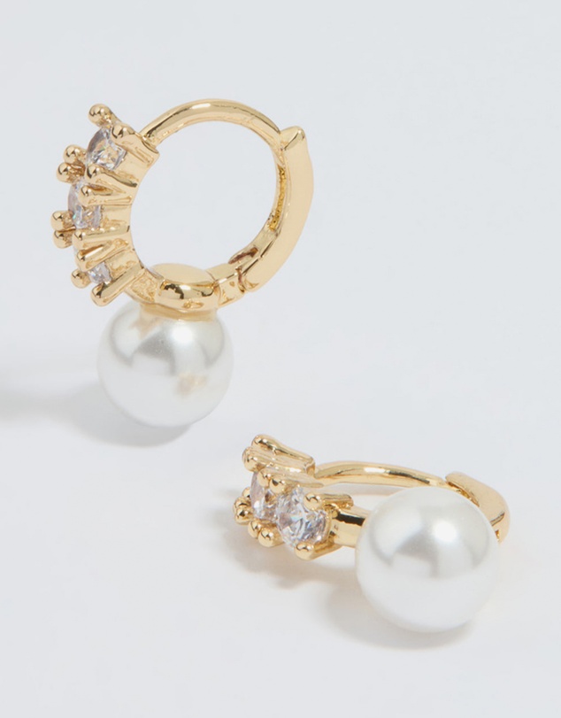Lovisa - Gold Plated Cubic Zirconia Pearl Drop Huggie Earrings