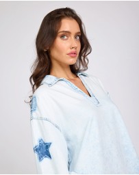 ONE TEASPOON - Le Captain Star Pullover Denim Mini Shirt Dress - Depeche Blue