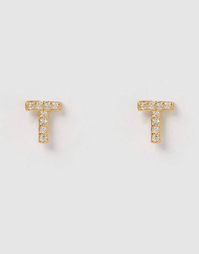 Izoa - Alphabet Mini Letter T Stud Earrings Gold