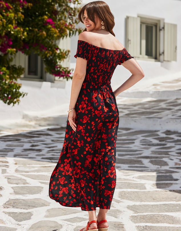 Sosandar - Floral Print Shirred Body Bardot Maxi Dress