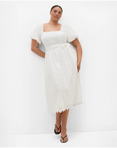 City Chic - Plus size Bridie Embroidered Puff Sleeve Midi Dress - ivory