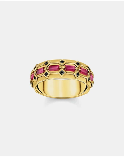 THOMAS SABO - Wide Gold Plated Ring in Crocodile Design with Red Stones