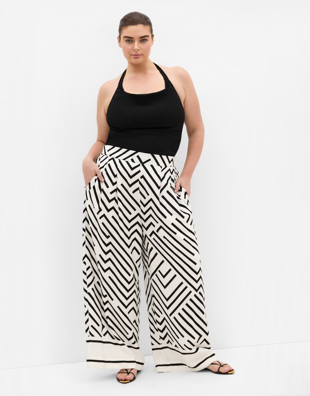 City Chic - Plus size Linear Border Print Wide Leg Pant - ivory