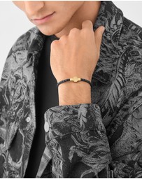 Philipp Plein - PLEIN ENIGMA IP Yellow Gold Hexagon Magnetic Black Leather Bracelet