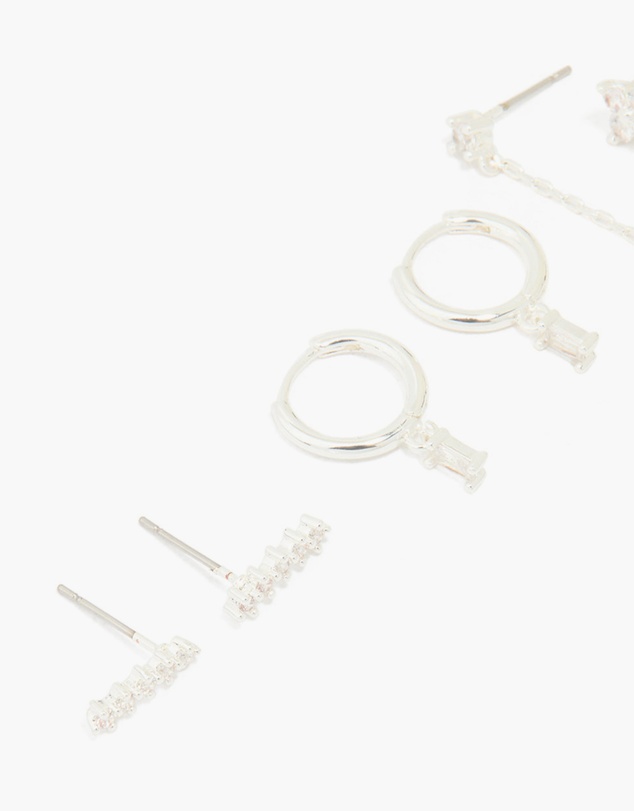 Lovisa - Silver Plated Brass Cubic Zirconia Chain & Stud Earrings 3-Pack