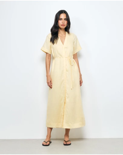 AERE - Cery Linen Short Sleeve Midi Dress
