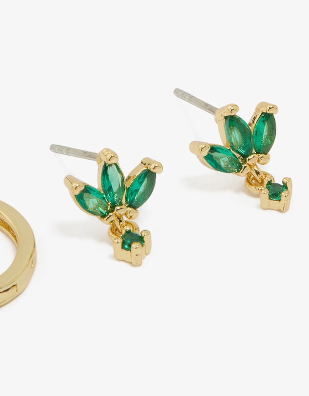 Lovisa - Gold Plated Brass Emerald Flower Stud & Huggie Earrings 3-Pack