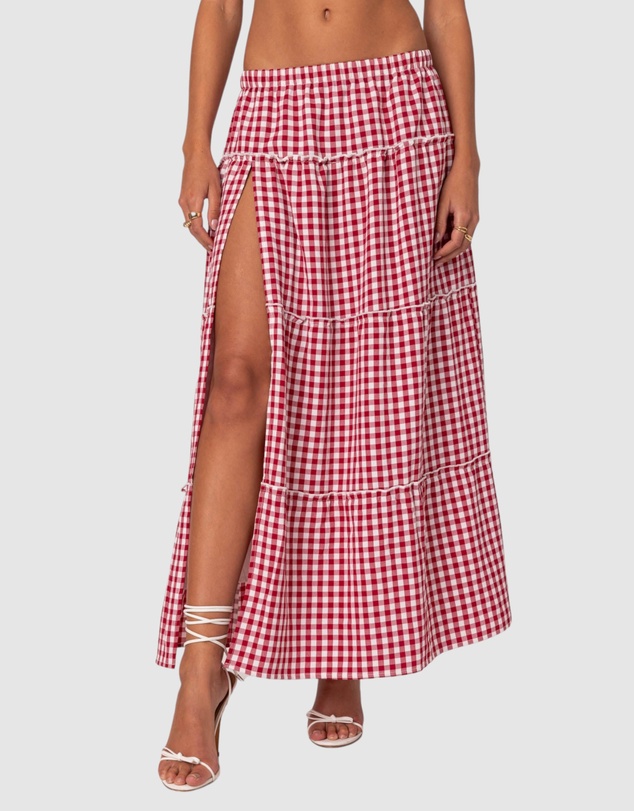 EDIKTED - Gingham Side Slit Tiered Maxi Skirt