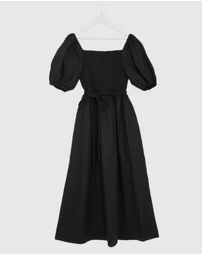 Revibe - Repaired AERE Olana Shirred Linen Midi Dress - AU 18