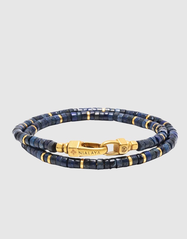 Nialaya Jewellery - Blue Lapis Heishi Wrap Bracelet with Gold Lock