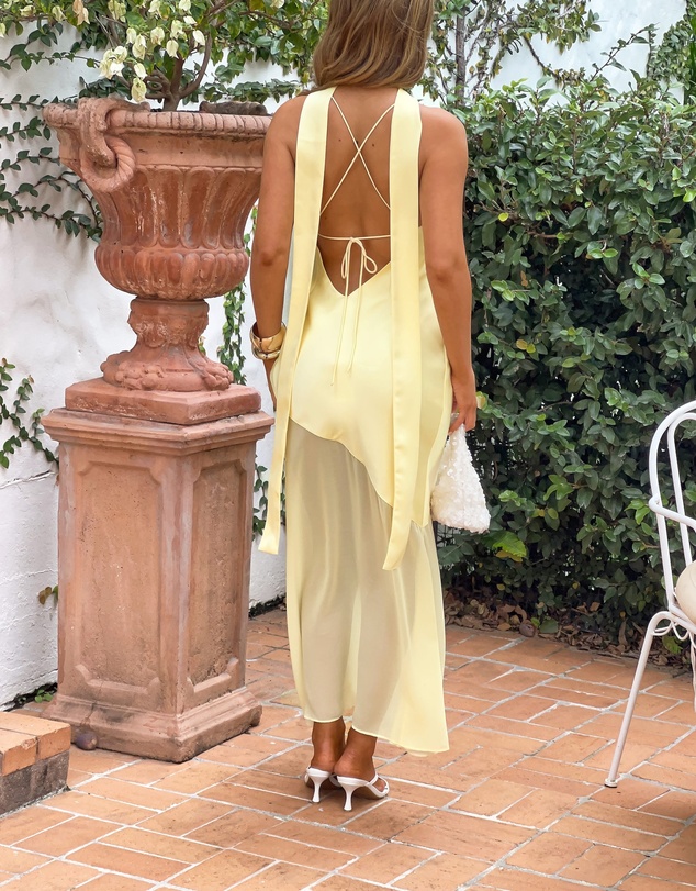 Beginning Boutique - Laila Yellow Satin Scarf Formal Maxi Dress