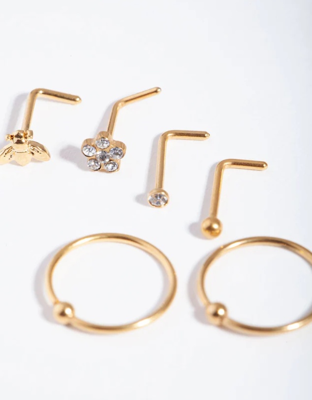 Lovisa - Gold Surgical Steel Flower & Bee Nose Stud 6-Pack
