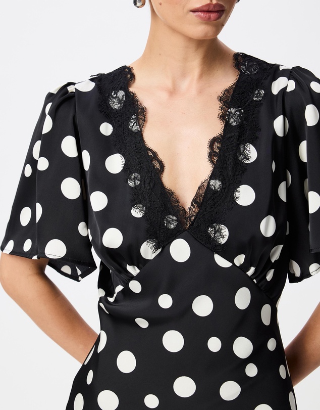 Tussah - Camille Flutter Sleeve Lace Trim Polka Dot Maxi Dress