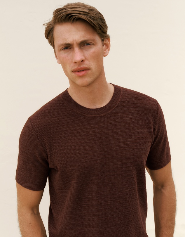 Trenery - Cotton Linen Racking Stitch T-shirt in Espresso