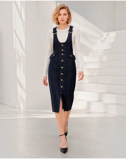 Mossée - Dahlia Denim Button-Front Strap Dress