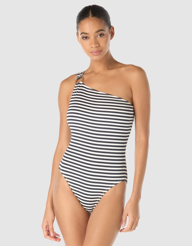 Michael Kors - Crinkle Stripe Padded Cup One Shoulder Swimsuit
