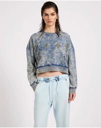 ONE TEASPOON - Fleece Cropped Star Studded Sweater - Acid Wash Blue