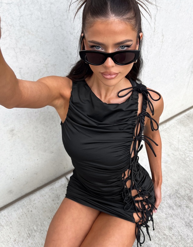 Beginning Boutique - Diva Black Tie Side Mini Dress
