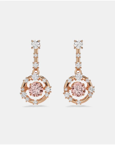 Swarovski - Constella Drop Earrings, Round Cut, Dancing Stone, Pink, Rose Gold-tone Plated