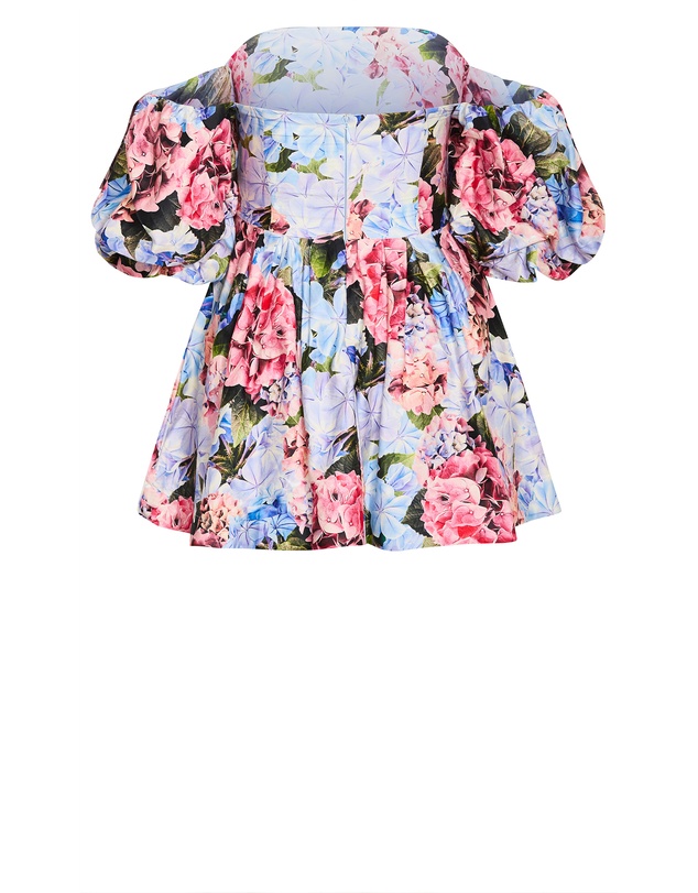 City Chic - Plus size Rosa Garden Print Puff Sleeve Mini Dress - sky blue