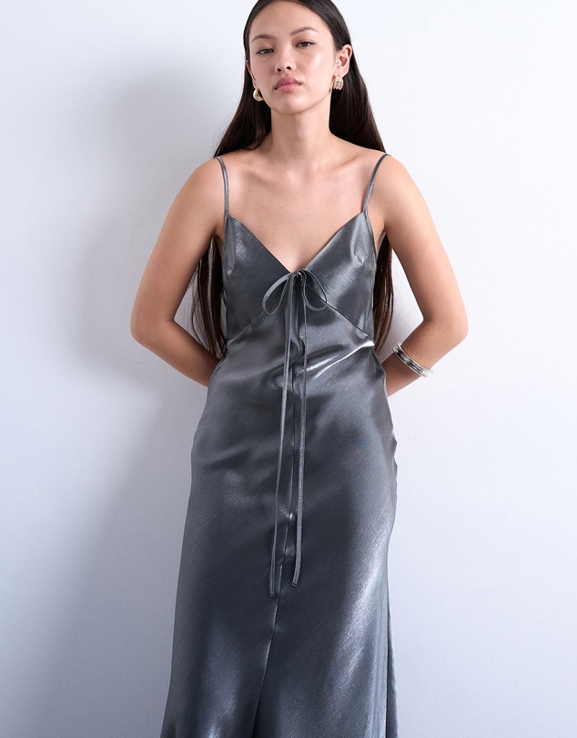 TOPSHOP - Halter Tie Neck Liquid Metallic Maxi Slip Dress