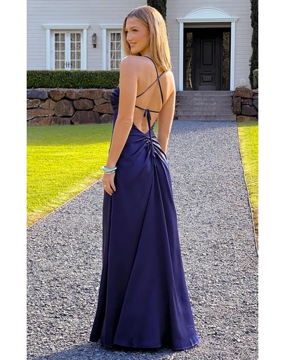 Beginning Boutique - Blaise Navy Satin Maxi Dress