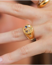 Elli Jewelry - Ring Women Signet Vintage Sapphire Moonstone Pearl 925 Sterling Silver Gold Plated