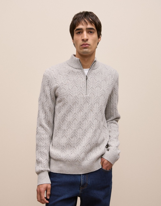 Trenery - Merino Nep Cable Half Zip in Grey Melange