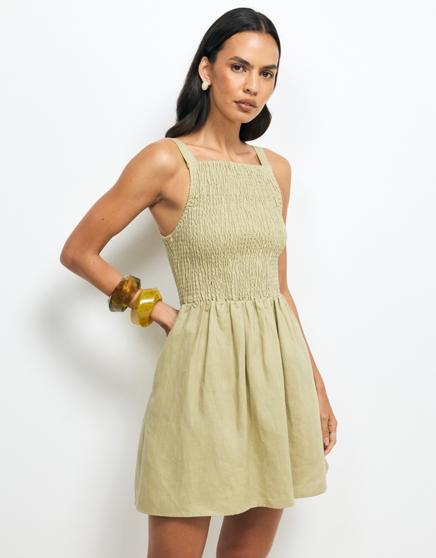 AERE - Mia Shirred Linen Mini Dress