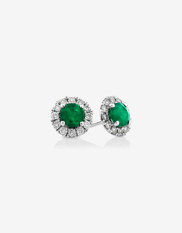 Michael Hill - Halo Stud Earrings with Natural Emerald & 0.28 Carat TW of Diamonds in 10kt White Gold