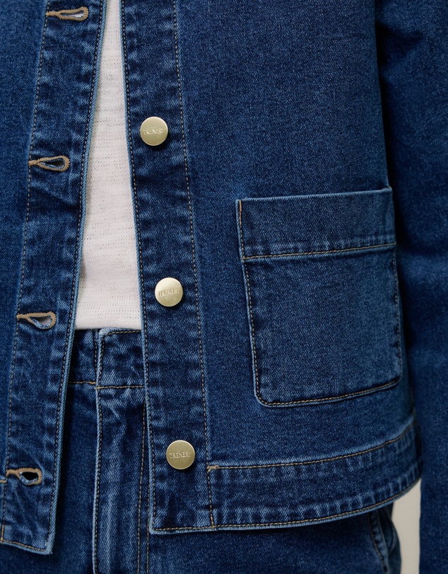 Trenery - Collarless Cropped Denim Jacket in Mid Blue