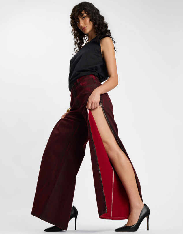 ONE TEASPOON - Jackson Mid Waist Wide Leg Denim Jeans - Oil Stained Maroon