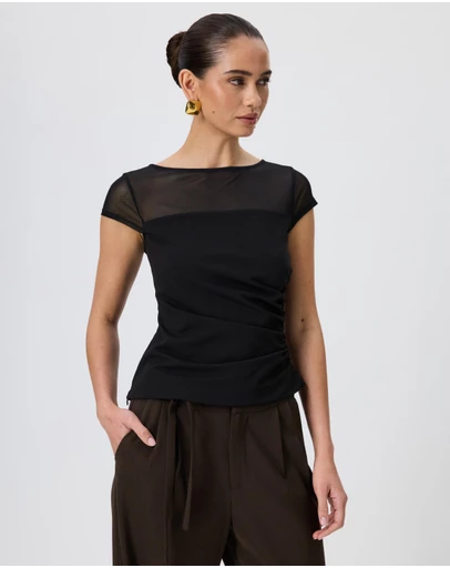 Tussah - Amelia Sheer Panel Gathered Cap Sleeve Top
