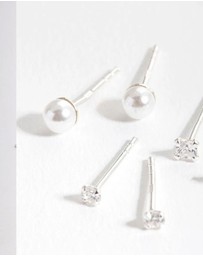 Lovisa - Sterling Silver Cubic Zirconia Pearl Stud Earring Pack