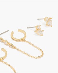 Lovisa - Gold Plated Brass Cubic Zirconia Stud & Chain Earrings 3-Pack