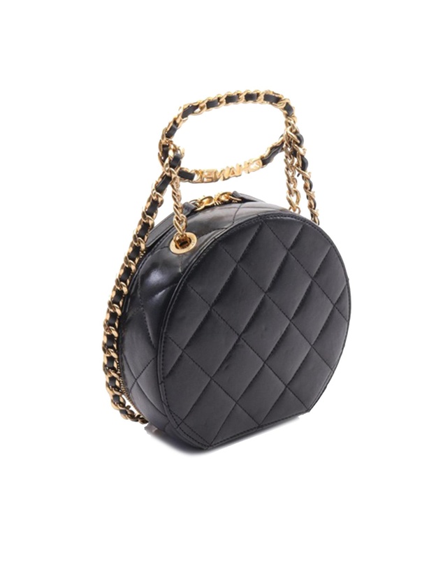 Chanel - Pre-Loved Quilted Lambskin Oval Logo Chain Top Handle Round Clutch on Chain