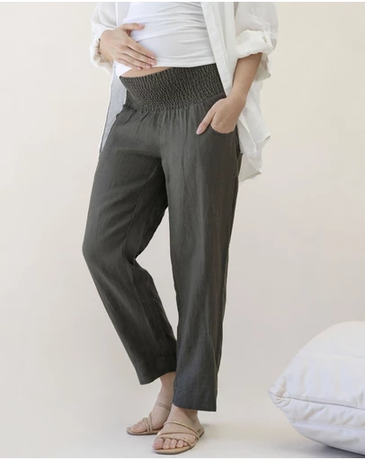 Angel Maternity - Pamela Linen Tailored Maternity Pants in Khaki