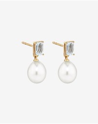 Michael Hill - Multi-Wear Aquamarine and Cultured Freshwater Pearl Drop Stud Earrings in 10kt Yellow Gold