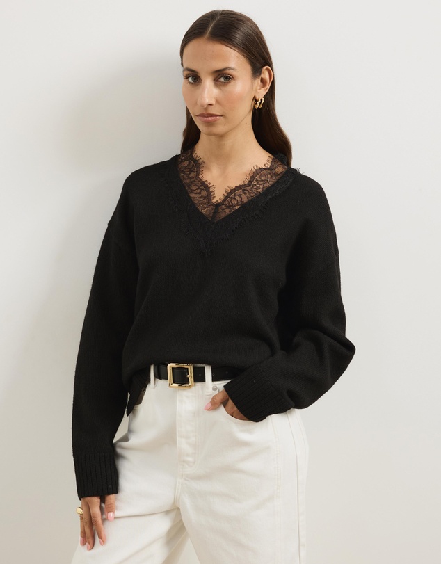 Atmos&Here - Teo V-Neck Knit Jumper With Lace Trim