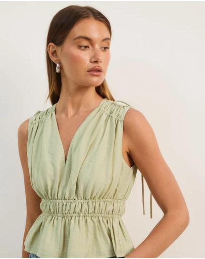 Atmos&Here - Ray Linen Blend Sleeveless Gathered Top