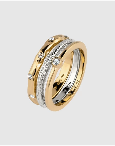 Elli Jewelry - Ring Set of 3 Bicolor Crystal 925 Sterling Silver Gold-Plated
