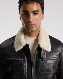 Calibre - Croc Embossed Leather Shearling Jacket Chocolate