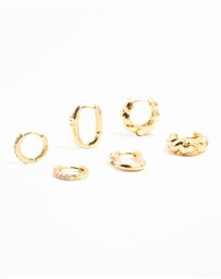 Lovisa - Gold Plated Brass Rope & Pave Cubic Zirconia Hoop Earrings 3-Pack