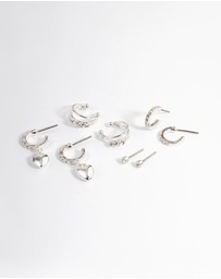 Lovisa - Silver Crystal Puffed Heart Earrings 4-Pack
