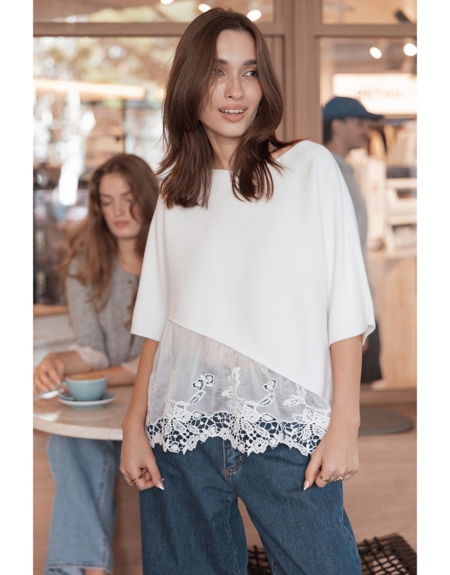 Petal & Pup - Chase Lace Hem Ribbed Top - Ivory