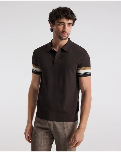 Calibre - Contrast Cuff Technical Knit Polo Chocolate