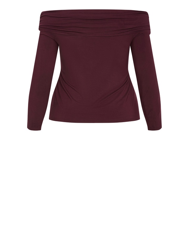 City Chic - Plus size Buckle Off Shoulder Long Sleeve Top - bordeaux