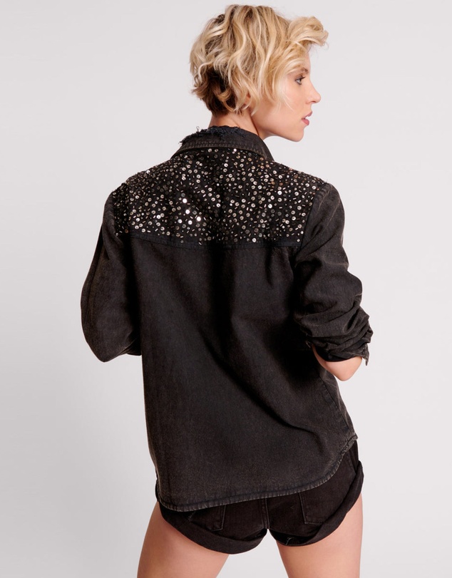 ONE TEASPOON - Black Hand Embellished Denim Western Shirt